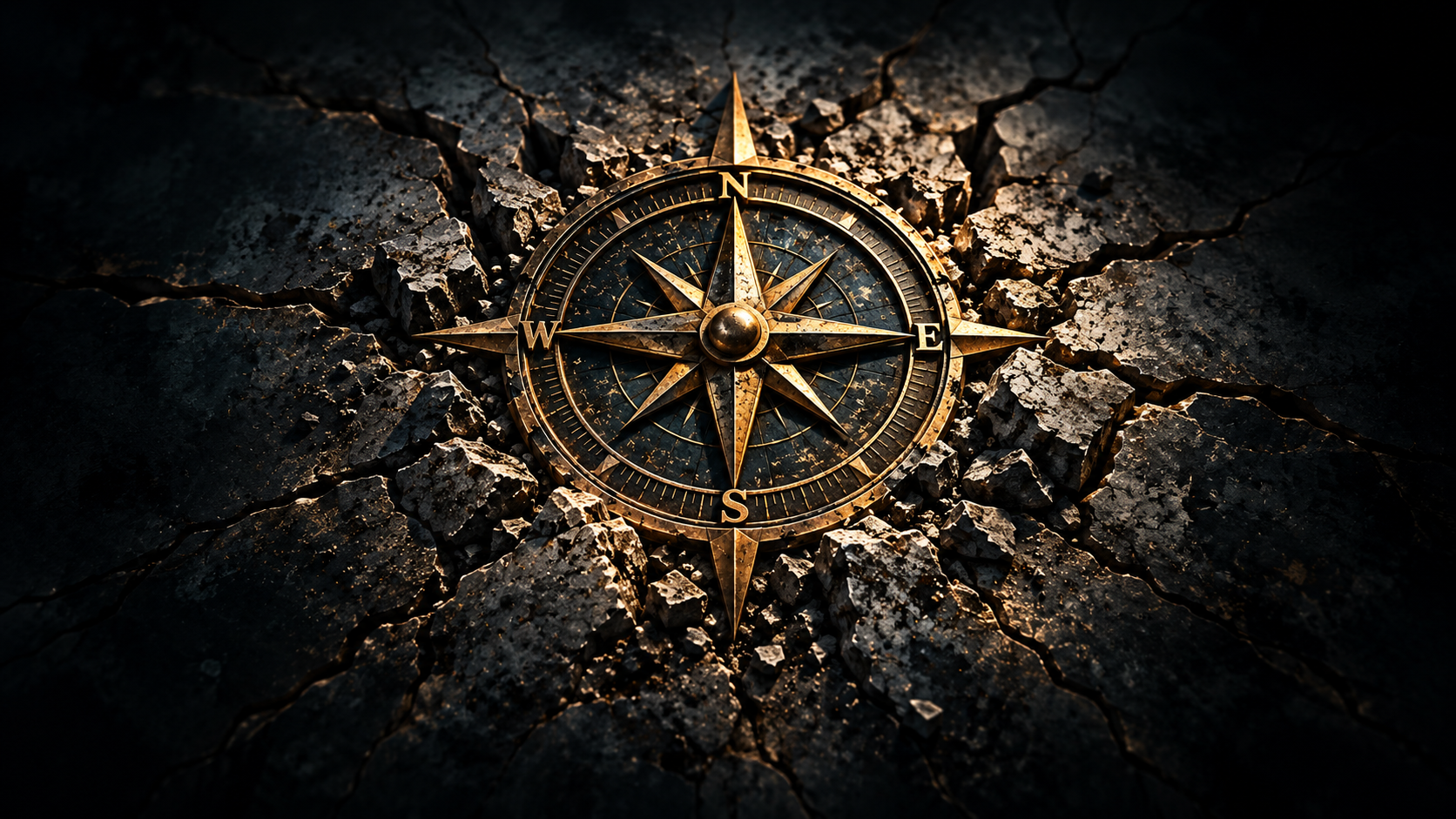 Weathered brass nautical compass embedded in fractured dark stone